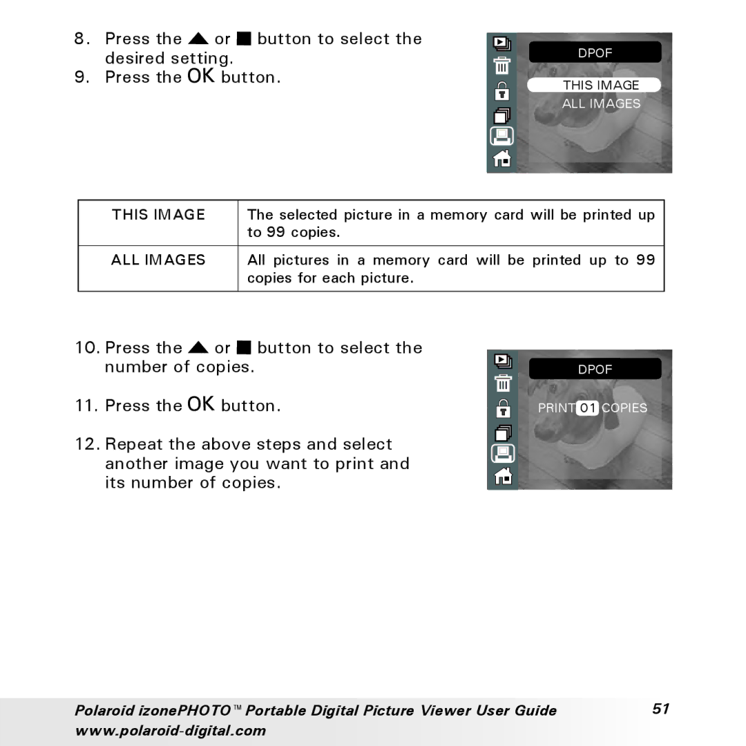 Polaroid User Guide manual Selected picture in a memory card will be printed up 