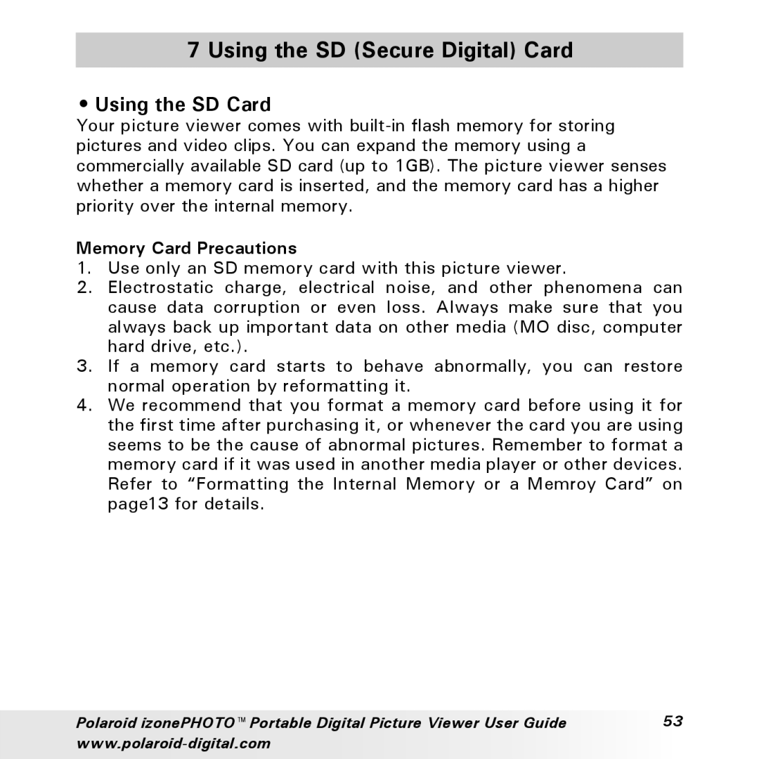 Polaroid User Guide manual Using the SD Secure Digital Card, Using the SD Card, Memory Card Precautions 