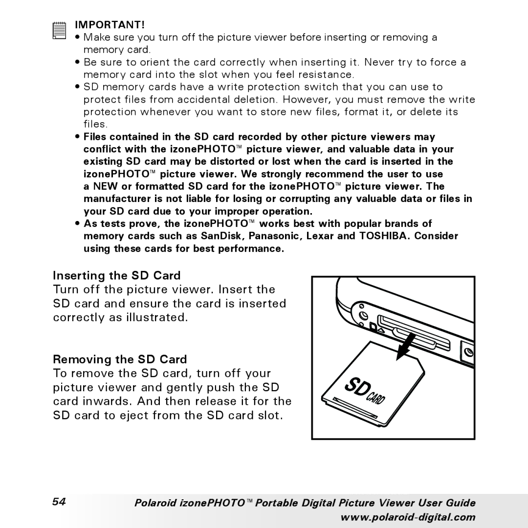 Polaroid User Guide manual Inserting the SD Card, Removing the SD Card 