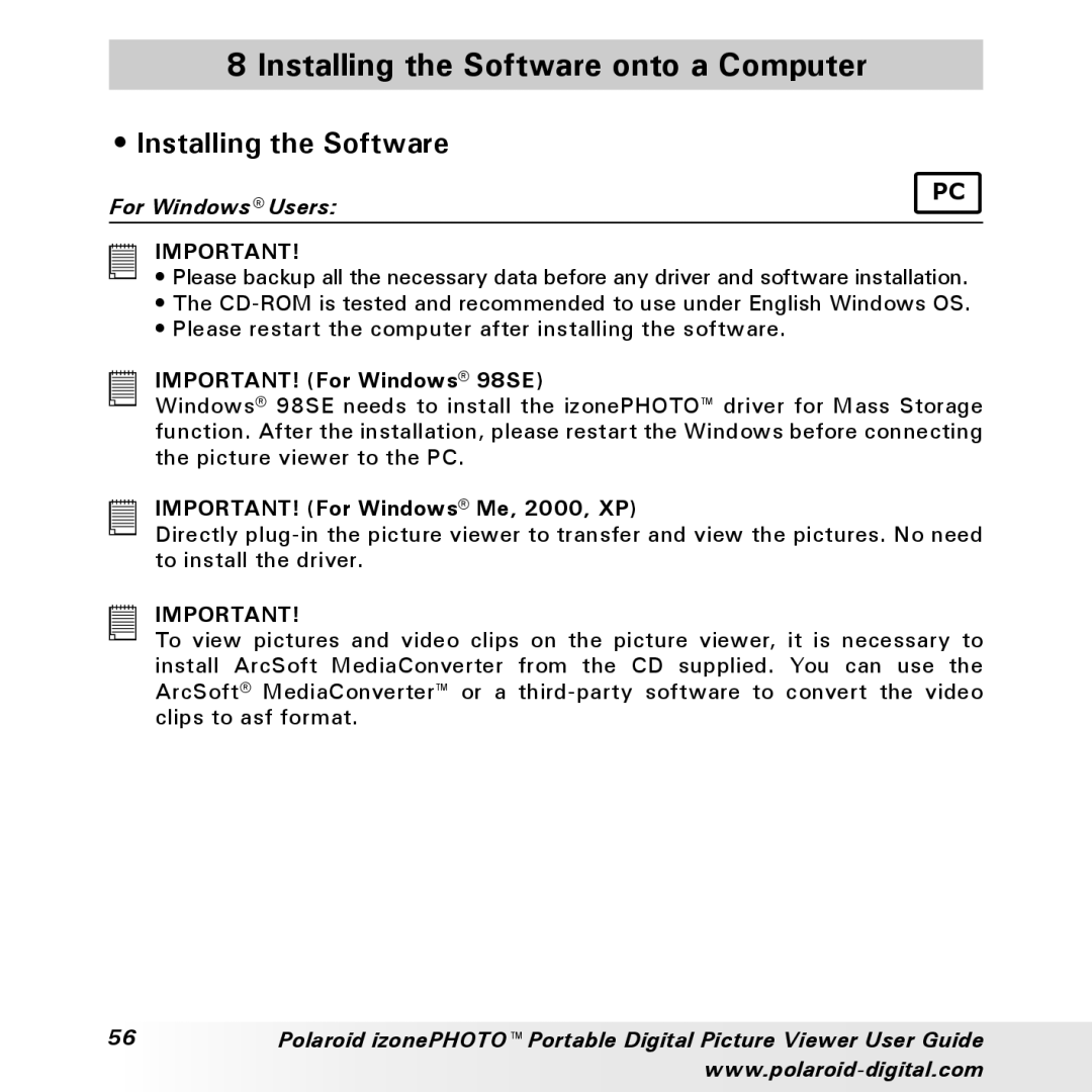 Polaroid User Guide manual Installing the Software onto a Computer 