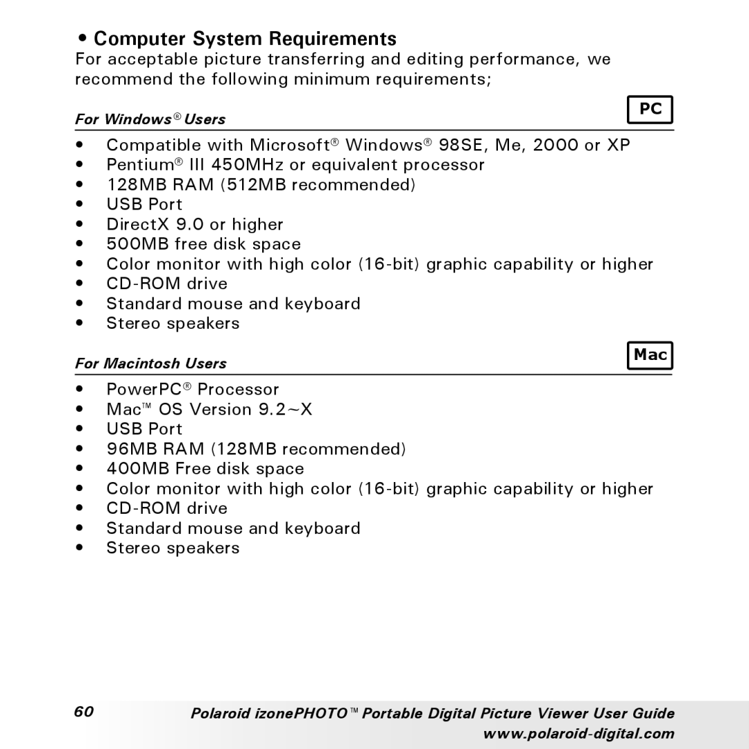 Polaroid User Guide manual Computer System Requirements 