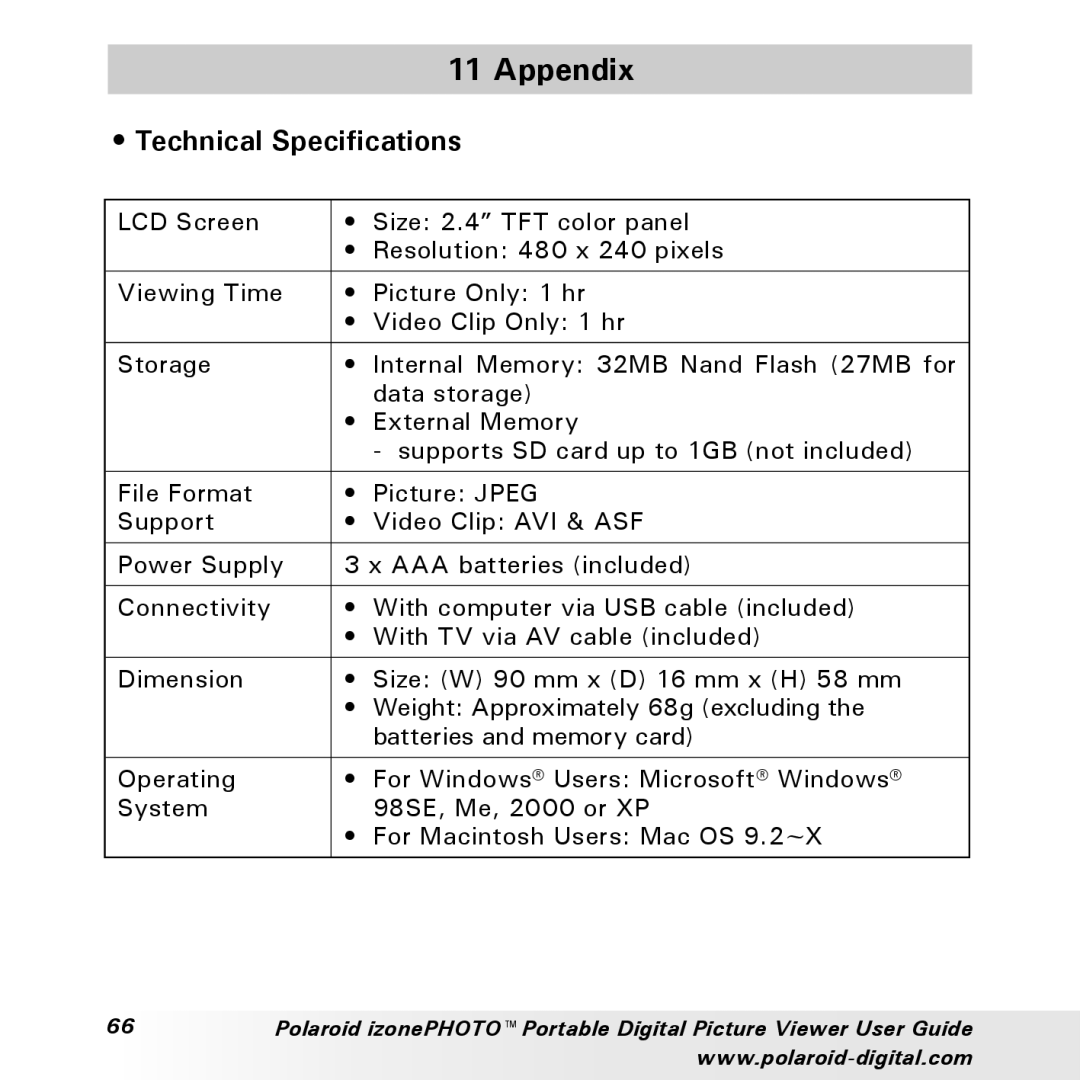 Polaroid User Guide manual Appendix, Technical Specifications 