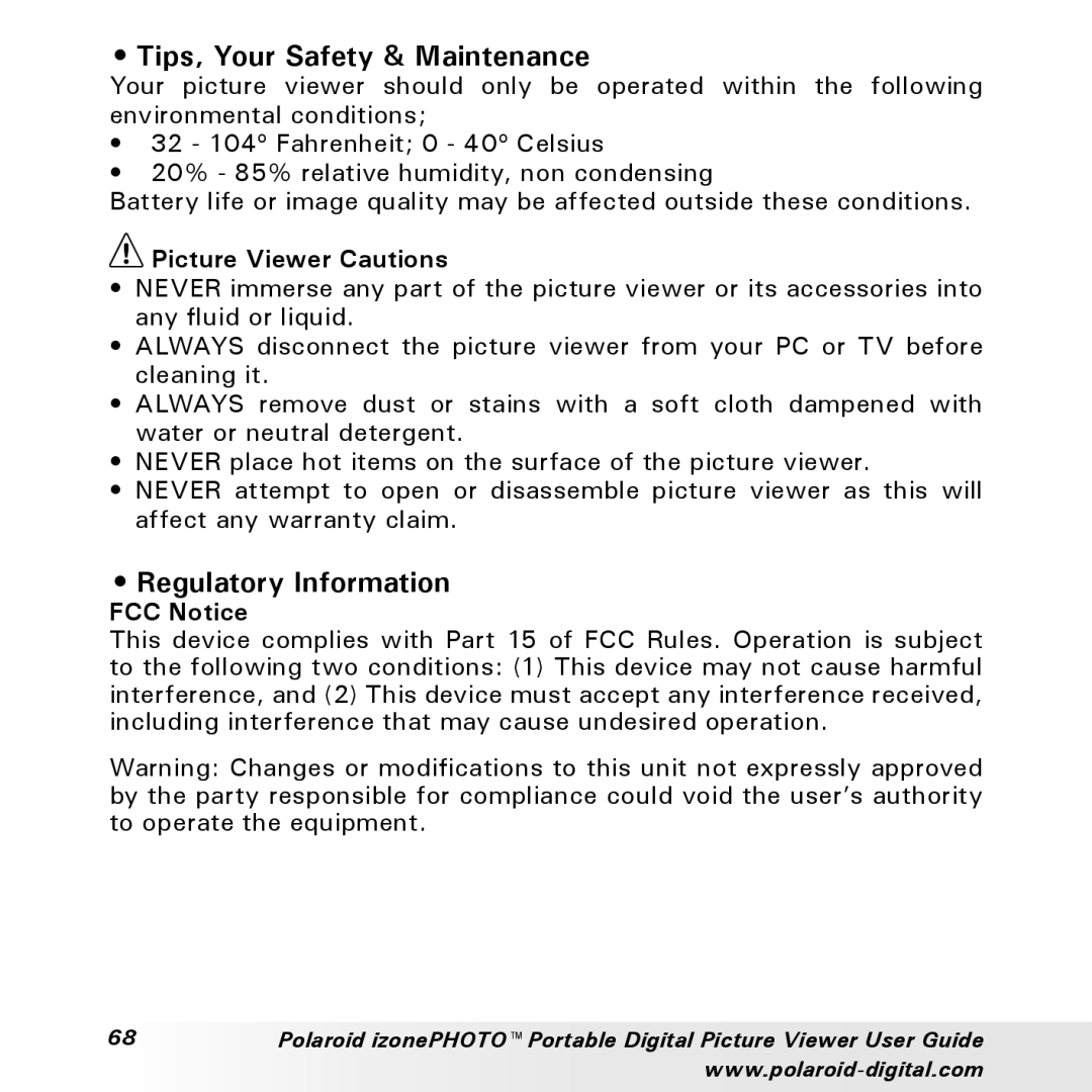 Polaroid User Guide manual Tips, Your Safety & Maintenance, Regulatory Information, Picture Viewer Cautions, FCC Notice 