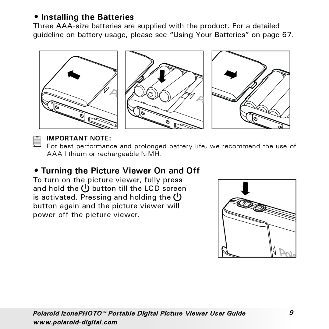 Polaroid User Guide manual Installing the Batteries, Turning the Picture Viewer On and Off 