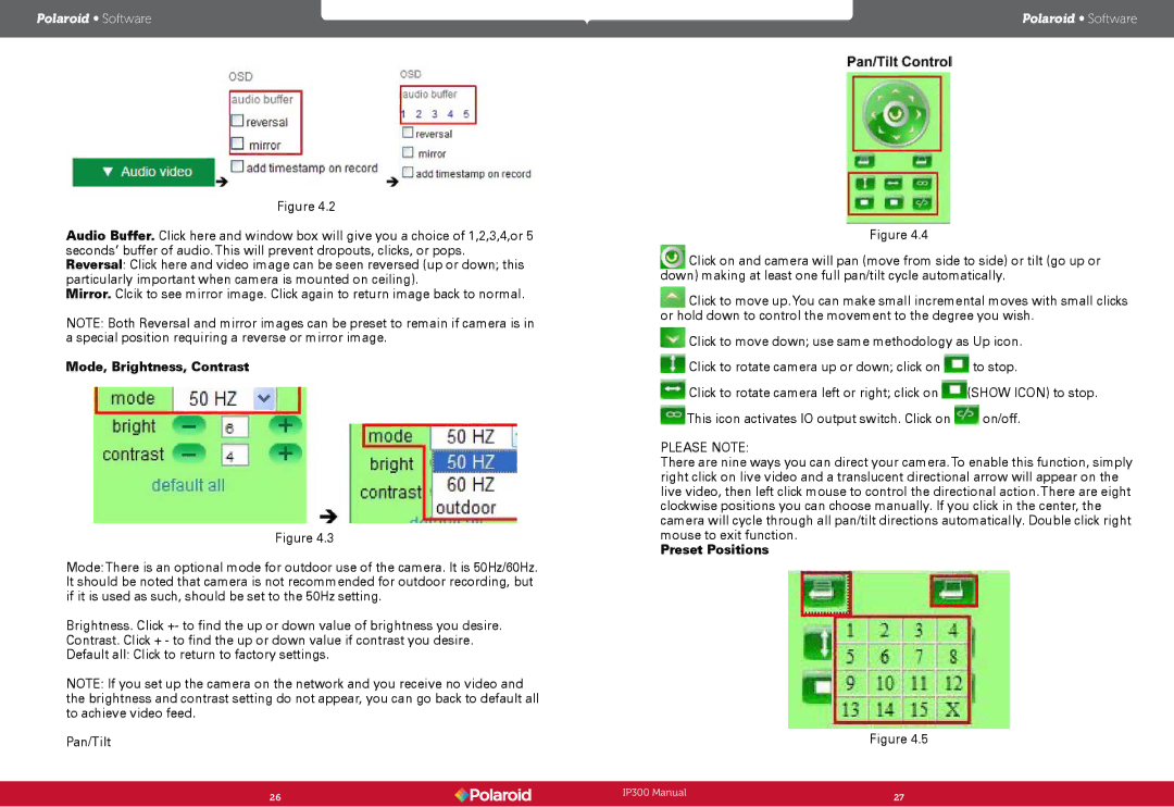 Polaroid IP300, Wireless Surveillance Camera user manual Mode, Brightness, Contrast, Preset Positions 