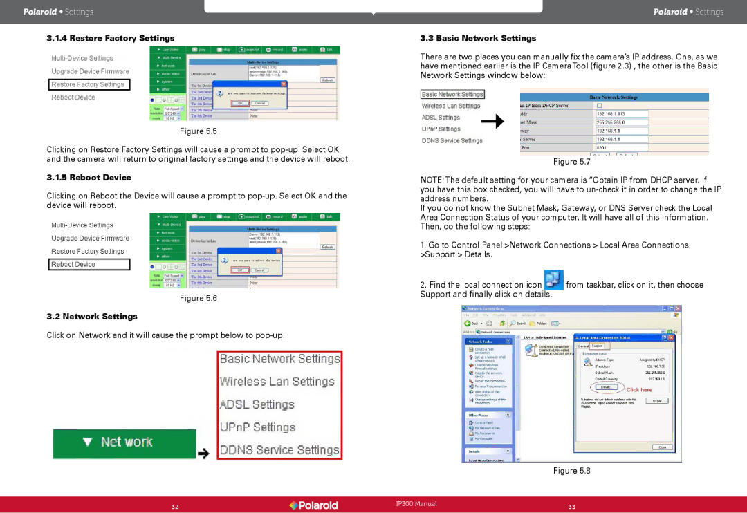 Polaroid Wireless Surveillance Camera, IP300 user manual Restore Factory Settings, Reboot Device, Basic Network Settings 