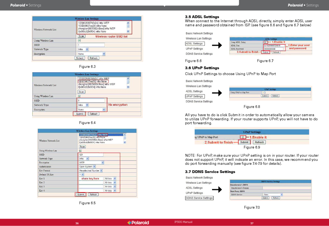 Polaroid Wireless Surveillance Camera, IP300 user manual Adsl Settings, UPnP Settings, Ddns Service Settings 