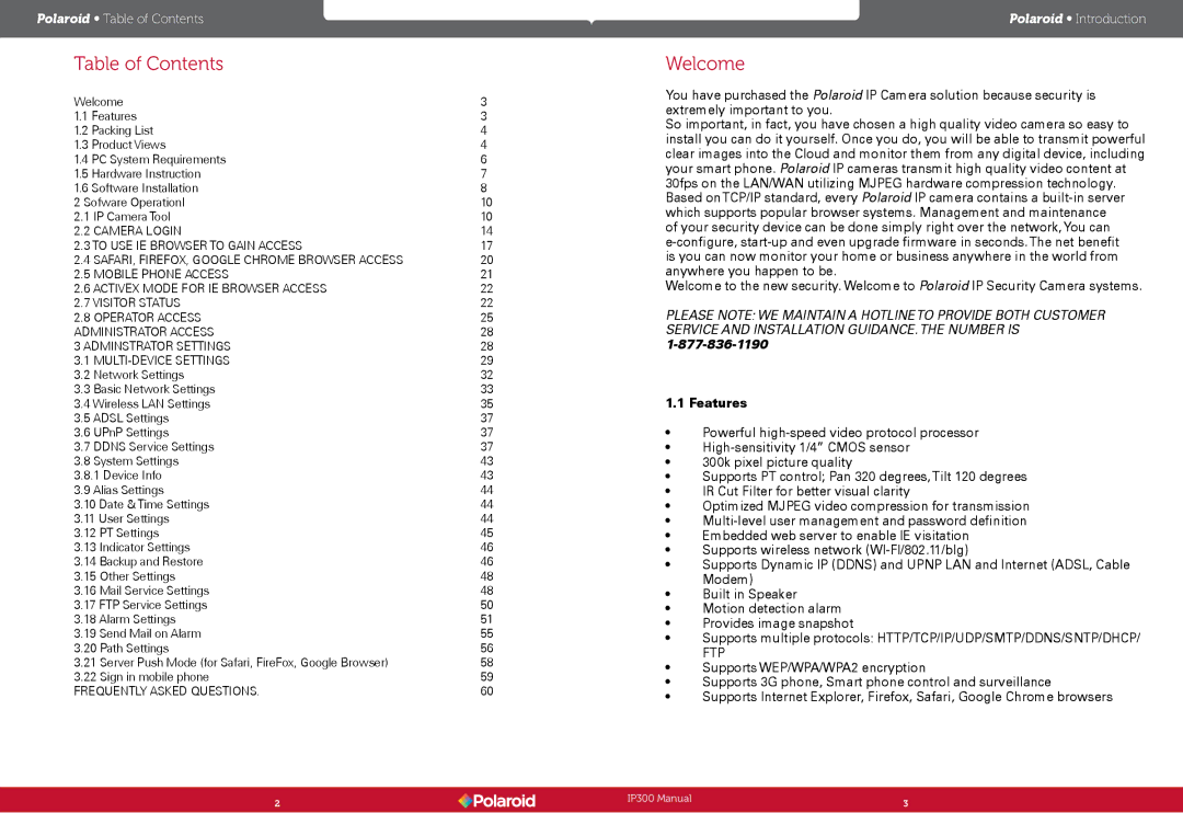 Polaroid IP300, Wireless Surveillance Camera user manual Table of Contents 