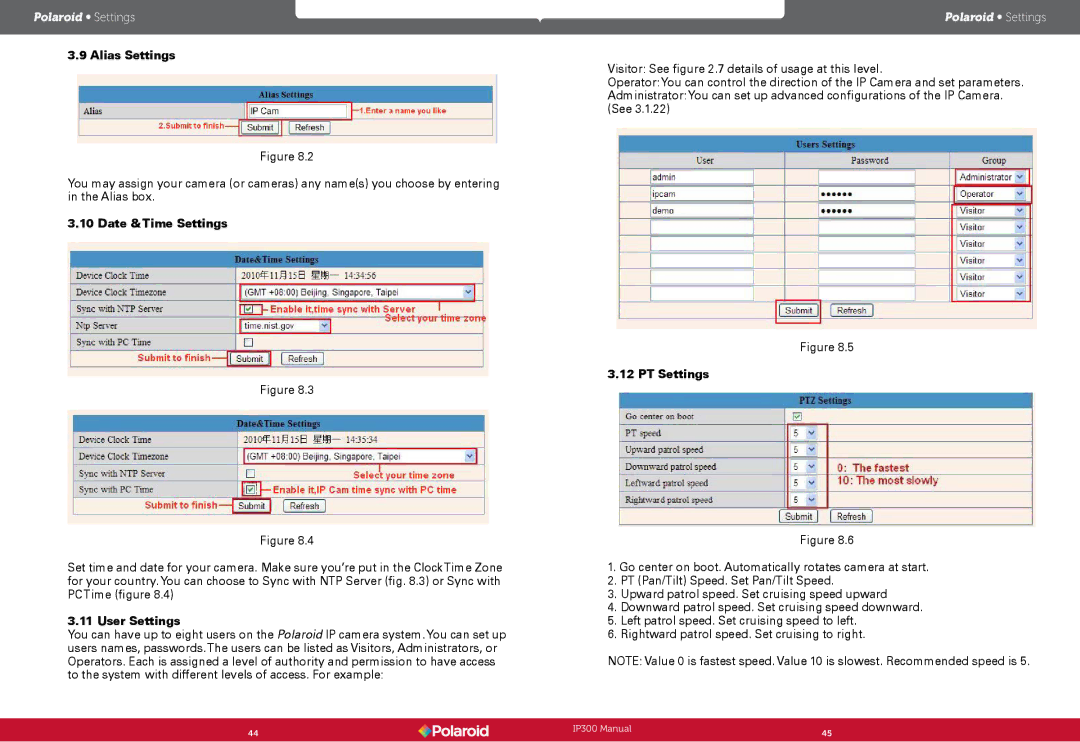 Polaroid Wireless Surveillance Camera, IP300 user manual Alias Settings, Date & Time Settings, User Settings, PT Settings 