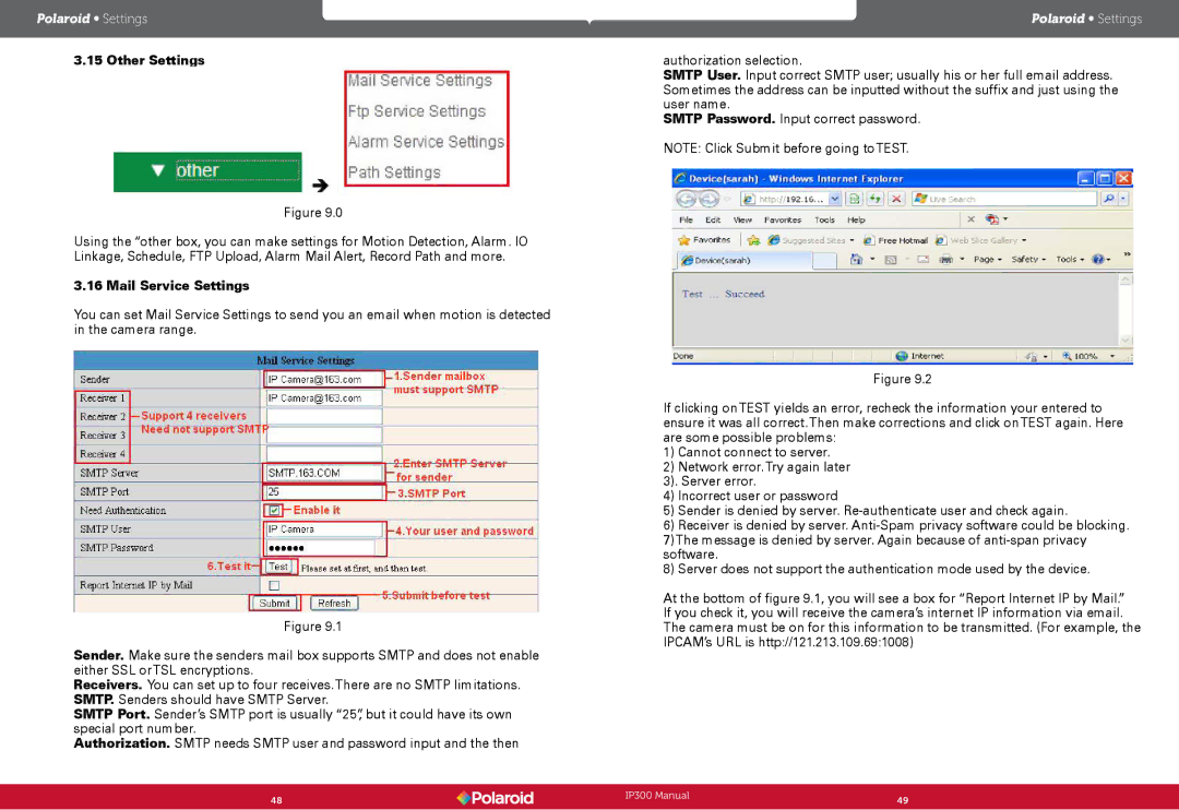 Polaroid Wireless Surveillance Camera, IP300 user manual Other Settings, Mail Service Settings 