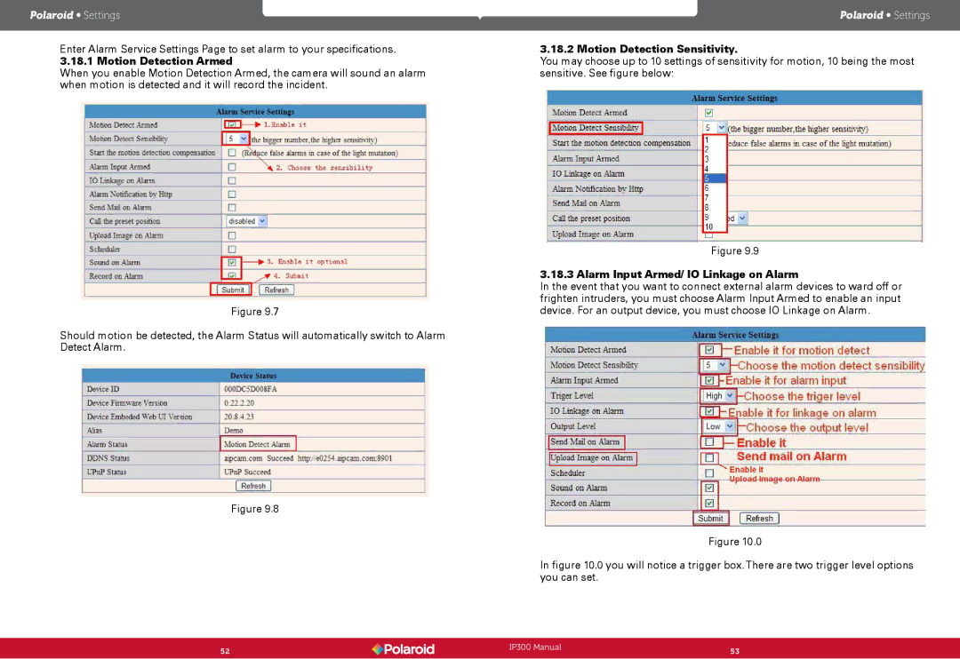 Polaroid Wireless Surveillance Camera, IP300 user manual Motion Detection Armed, Motion Detection Sensitivity 