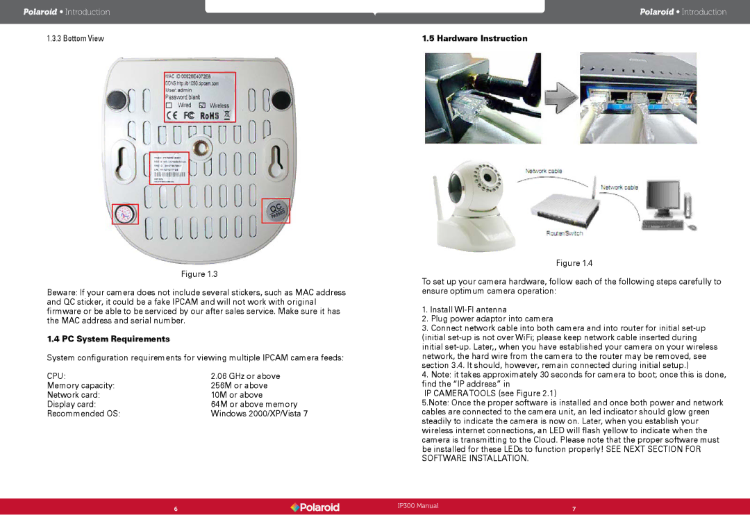 Polaroid IP300, Wireless Surveillance Camera user manual PC System Requirements, Hardware Instruction 