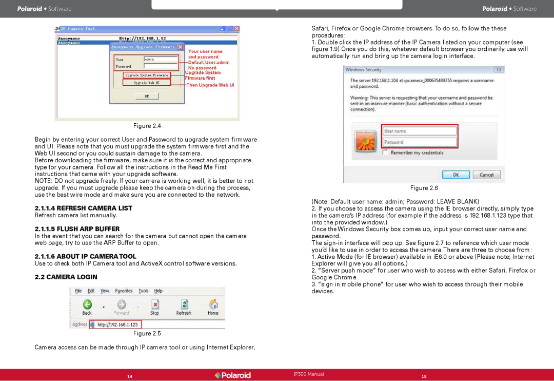 Polaroid IP300 Refresh Camera List Refresh camera list manually, Flush ARP Buffer, About IP Camera Tool, Camera Login 