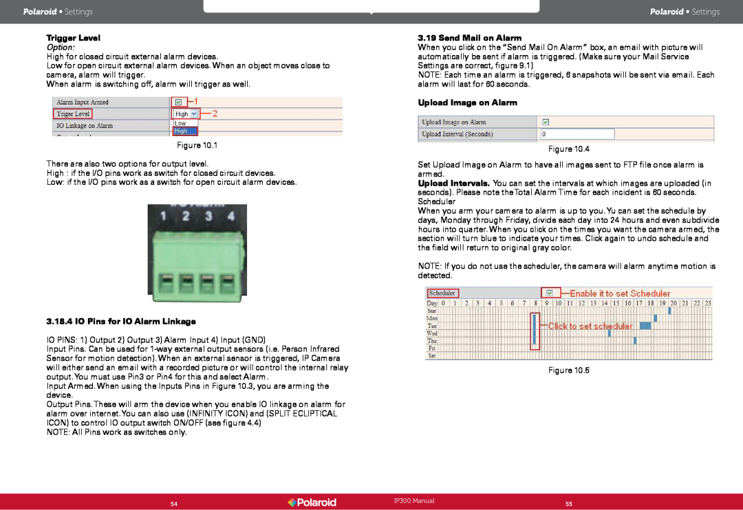 Polaroid IP300 user manual Trigger Level, Option, IO Pins for IO Alarm Linkage, Send Mail on Alarm, Upload Image on Alarm 