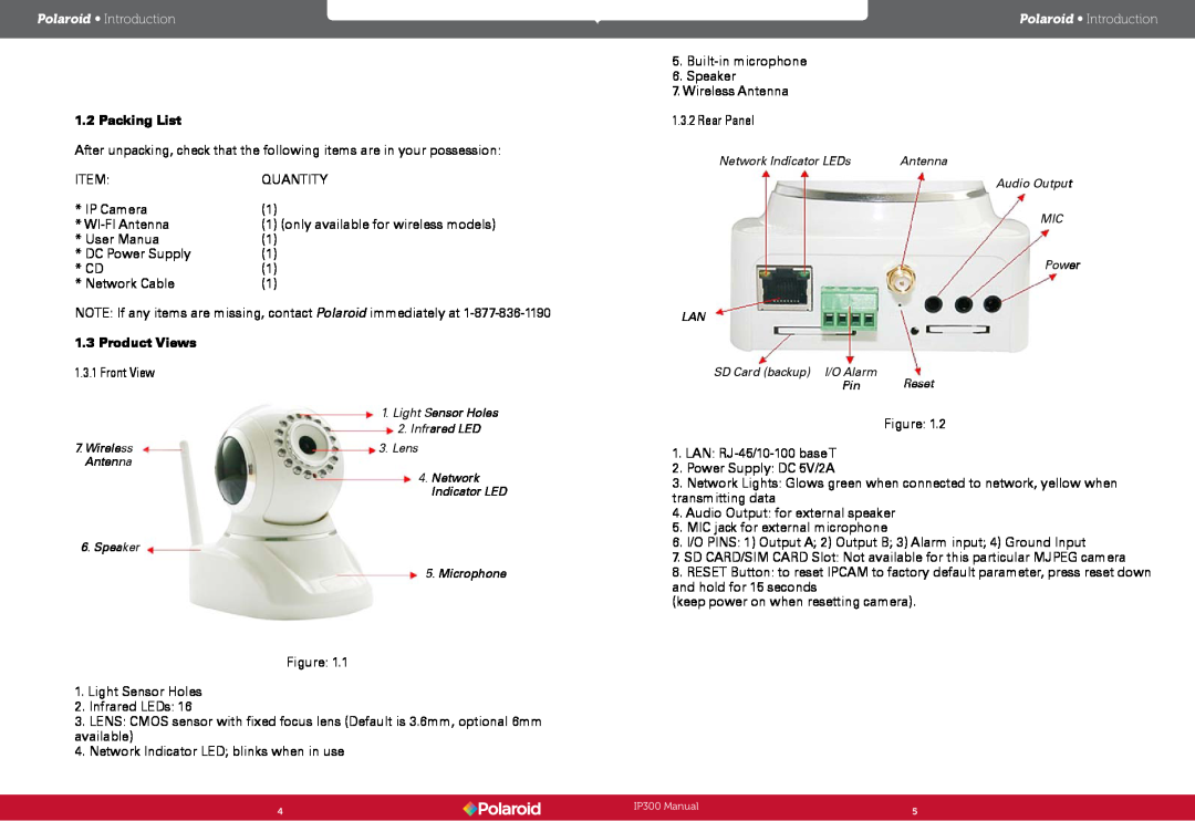 Polaroid Wireless Surveillance Camera, IP300 user manual Packing List, Product Views, Polaroid Introduction 