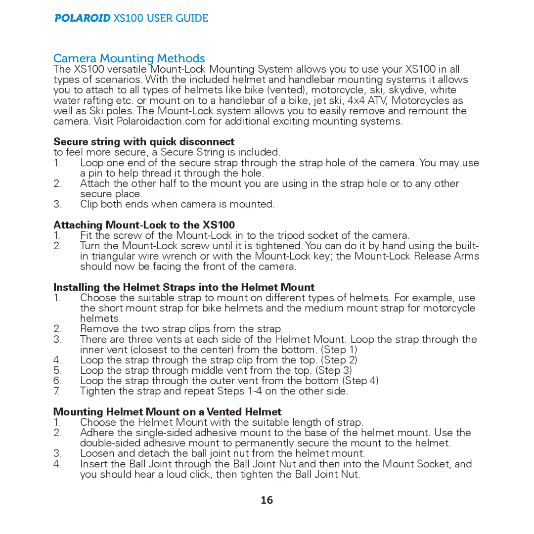 Polaroid manual Camera Mounting Methods, Secure string with quick disconnect, Attaching Mount-Lock to the XS100 