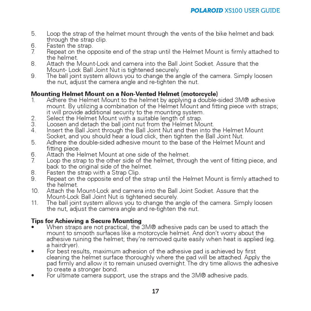 Polaroid HD Professional Action Camera, XS100 manual Mounting Helmet Mount on a Non-Vented Helmet motorcycle 