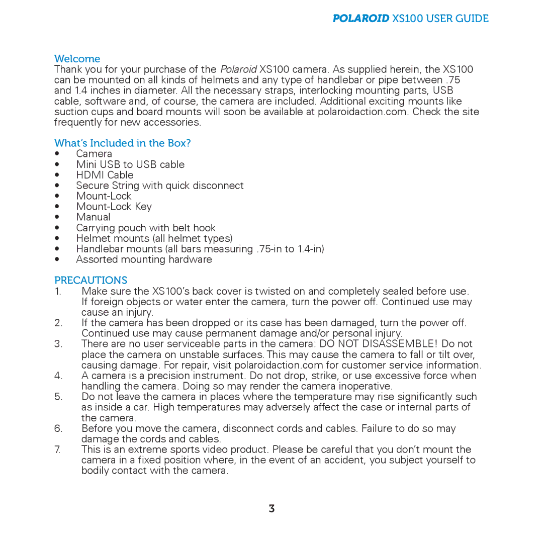 Polaroid HD Professional Action Camera, XS100 manual Precautions 