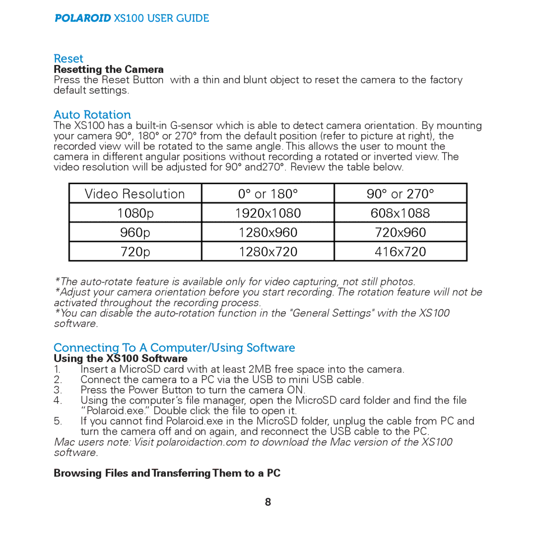 Polaroid XS100, HD Professional Action Camera manual Reset, Auto Rotation, Connecting To a Computer/Using Software 