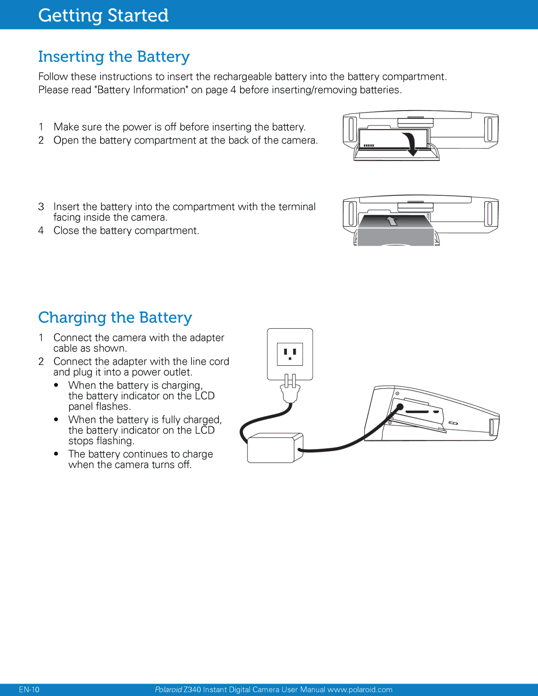 Polaroid Instant Digital Camera with Zero Ink Printing Technology, Z340 user manual Getting Started, Inserting the Battery 