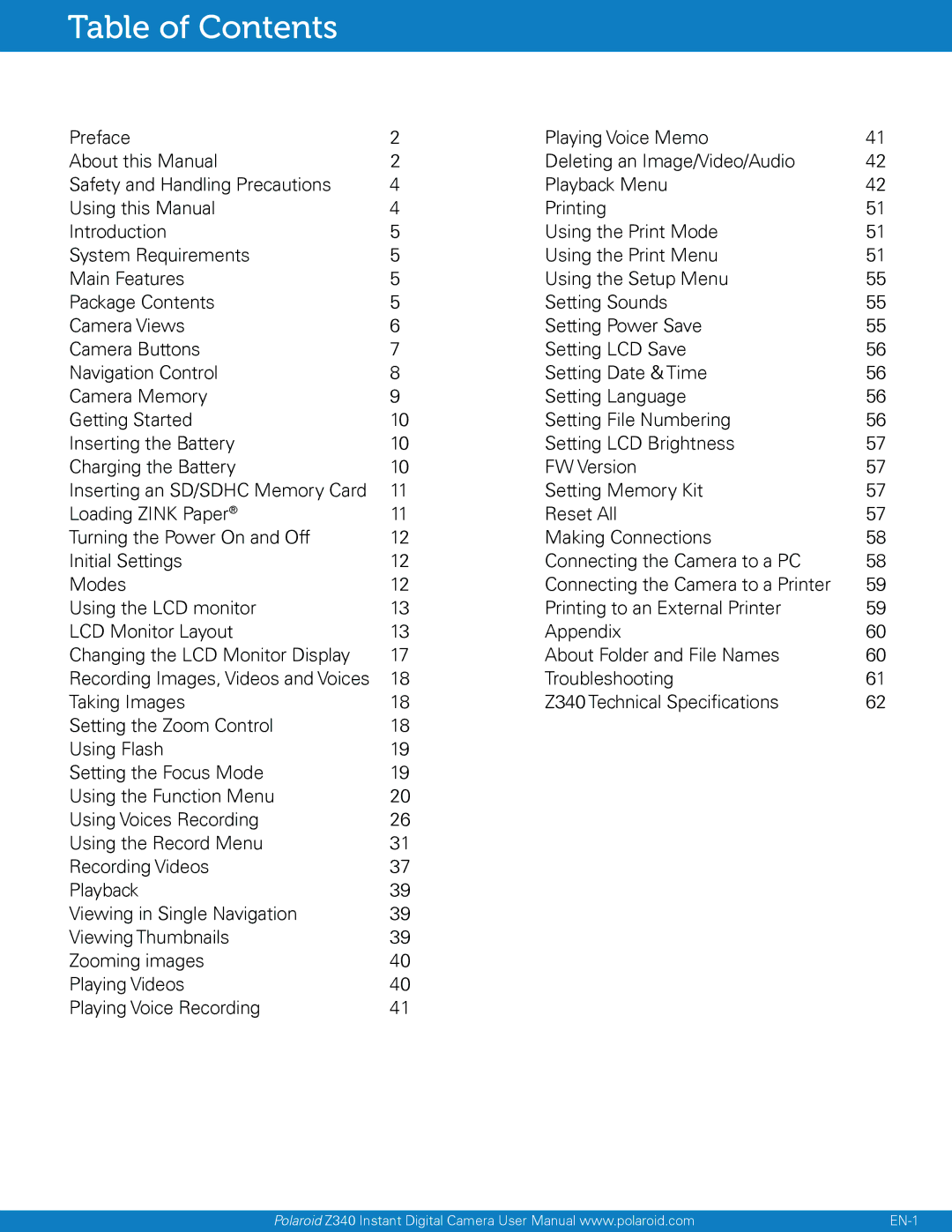 Polaroid Z340, Instant Digital Camera with Zero Ink Printing Technology user manual Table of Contents 