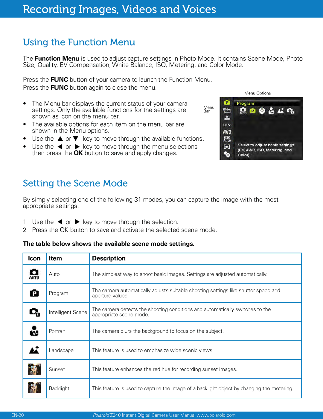 Polaroid Instant Digital Camera with Zero Ink Printing Technology, Z340 Using the Function Menu, Setting the Scene Mode 