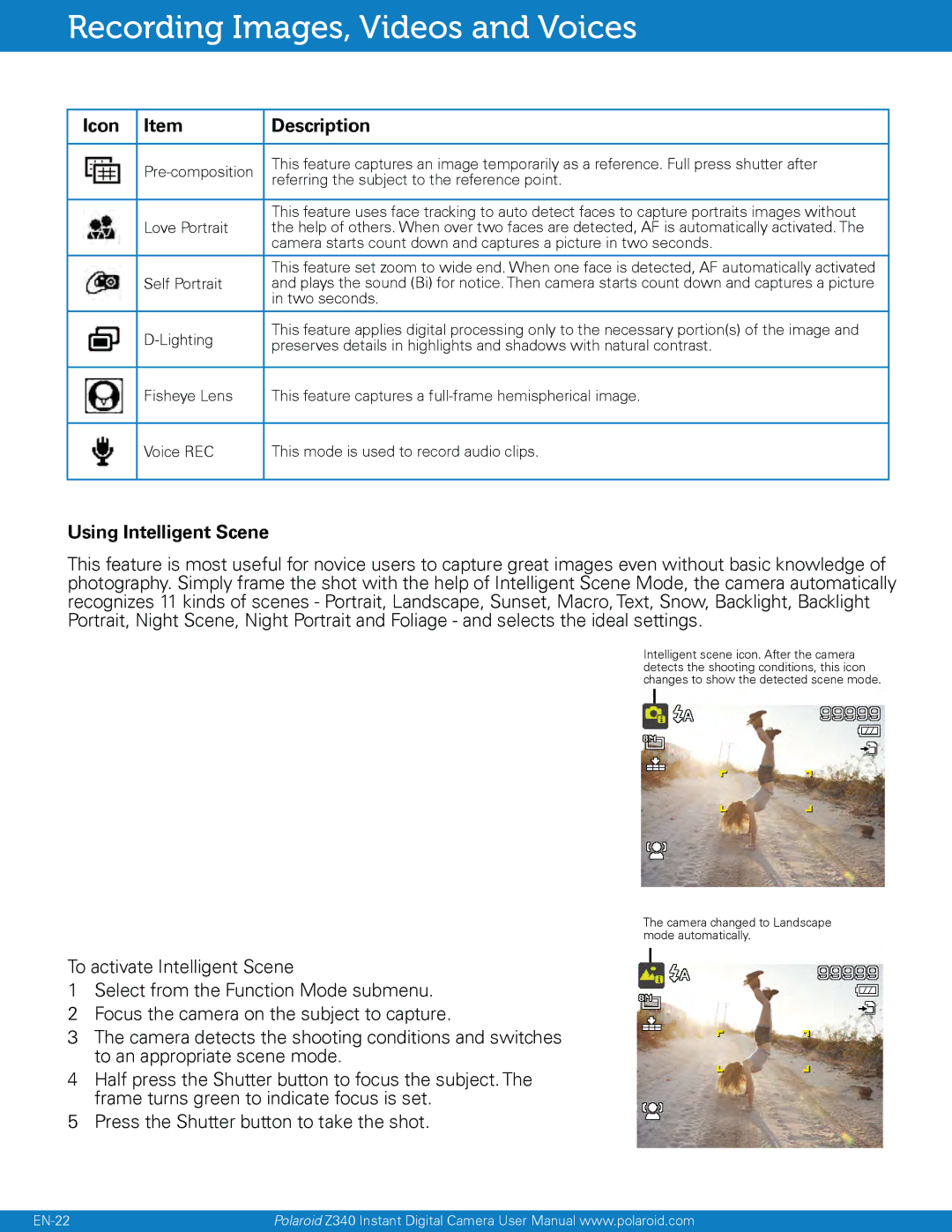 Polaroid Instant Digital Camera with Zero Ink Printing Technology, Z340 user manual Using Intelligent Scene 