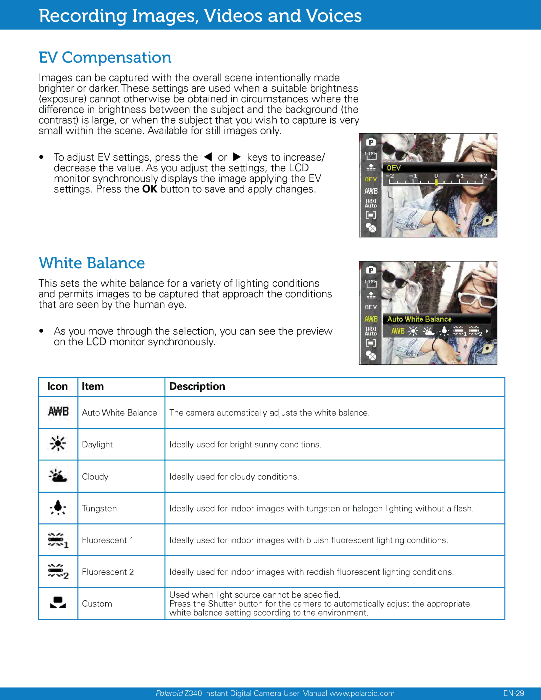 Polaroid Z340, Instant Digital Camera with Zero Ink Printing Technology user manual EV Compensation, White Balance 