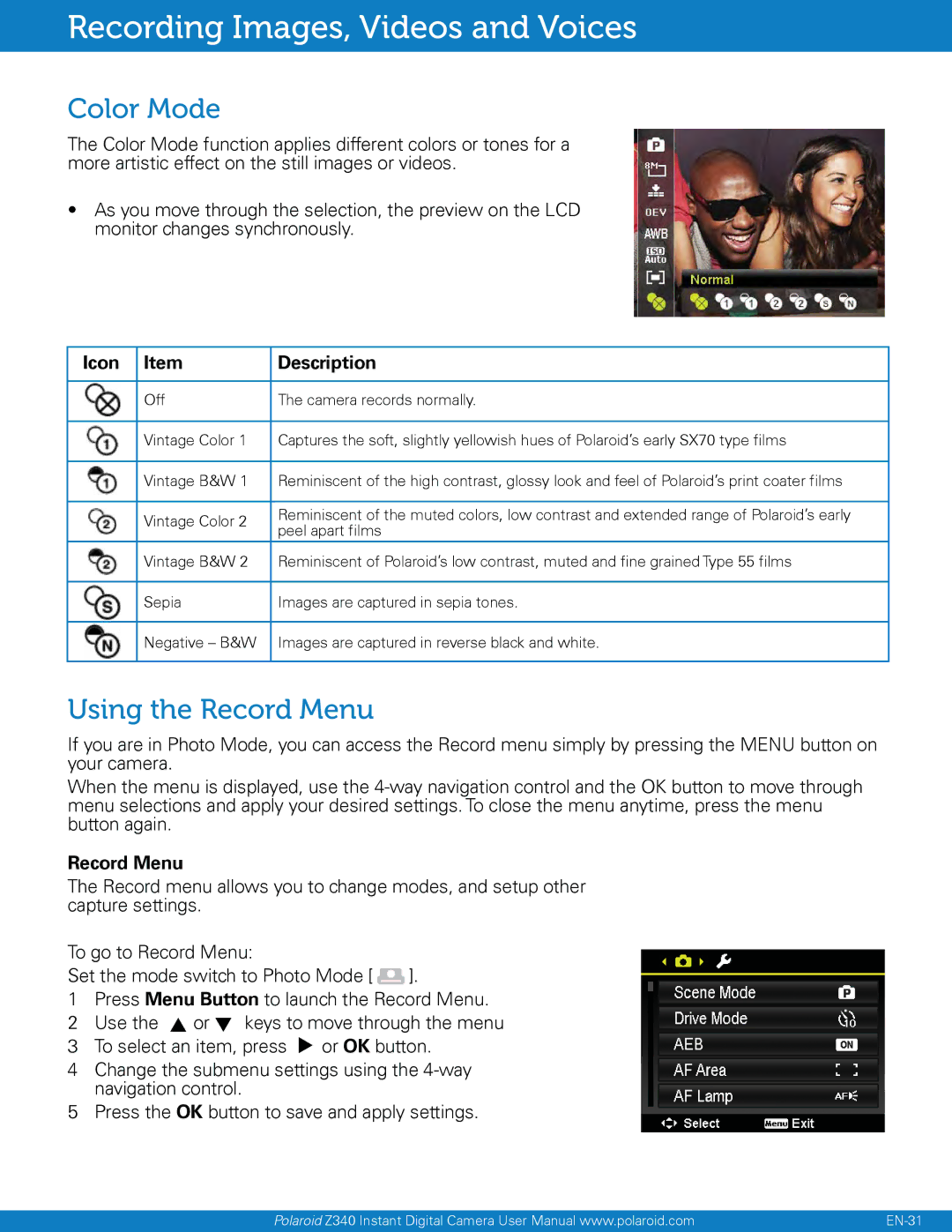 Polaroid Z340, Instant Digital Camera with Zero Ink Printing Technology user manual Color Mode, Using the Record Menu 