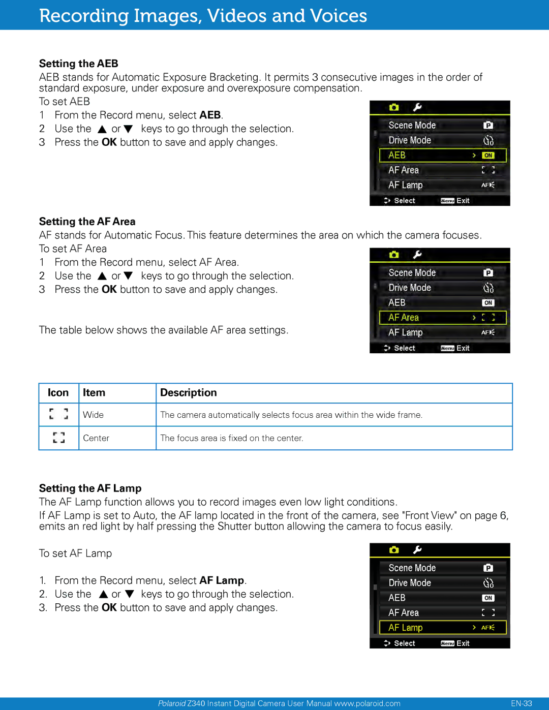 Polaroid Z340 user manual Setting the AEB, Setting the AF Area, Setting the AF Lamp 