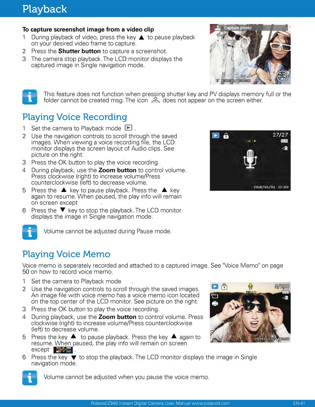 Polaroid Z340 user manual Playing Voice Recording, Playing Voice Memo, To capture screenshot image from a video clip 