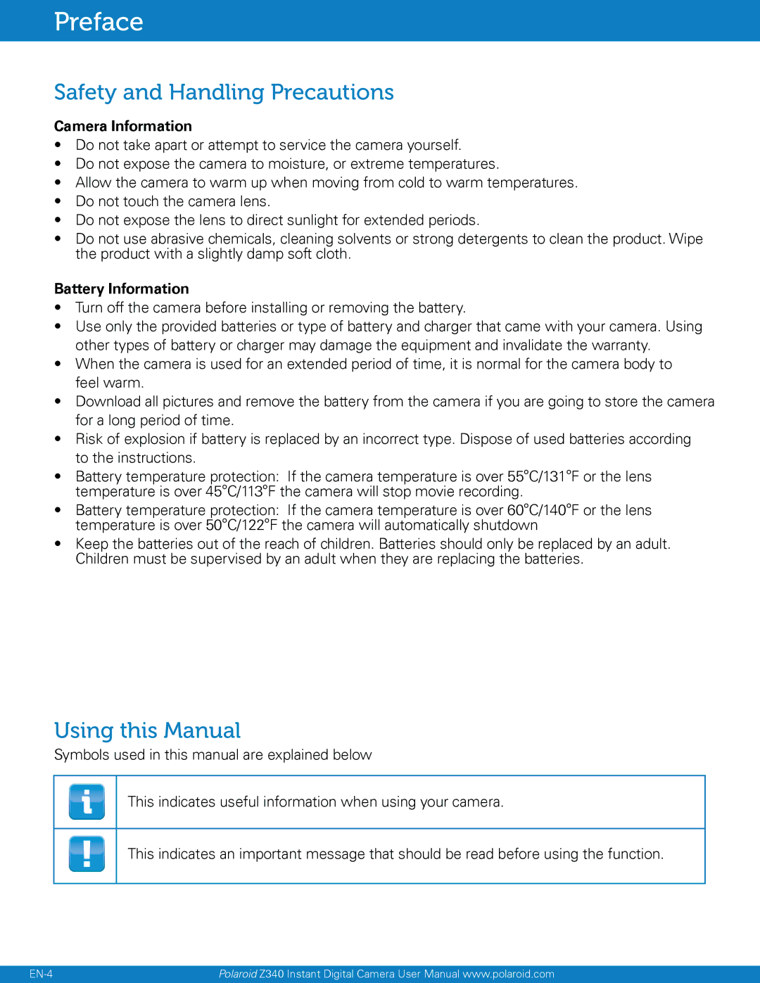 Polaroid Instant Digital Camera with Zero Ink Printing Technology, Z340 Safety and Handling Precautions, Using this Manual 