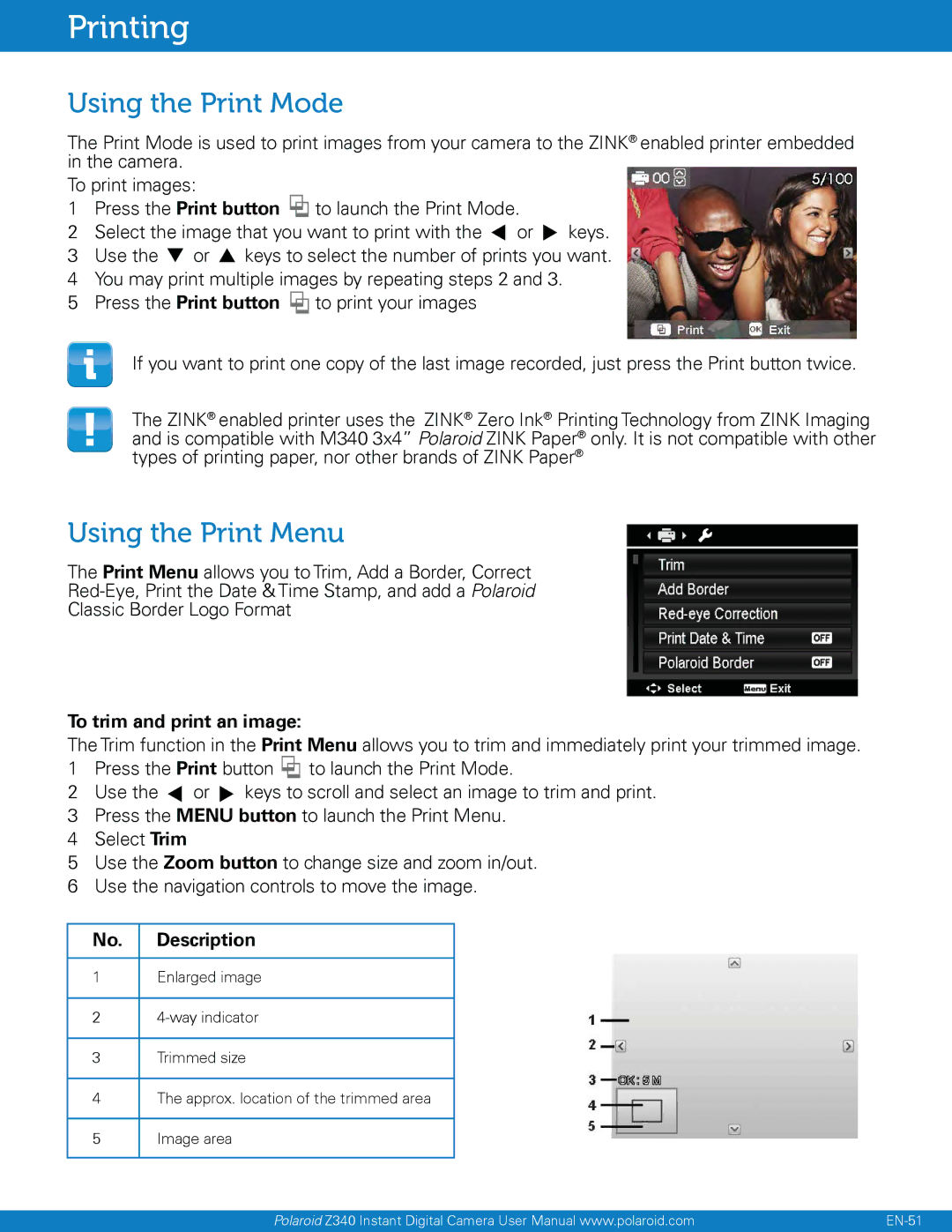 Polaroid Z340 user manual Printing, Using the Print Mode, Using the Print Menu, To trim and print an image 