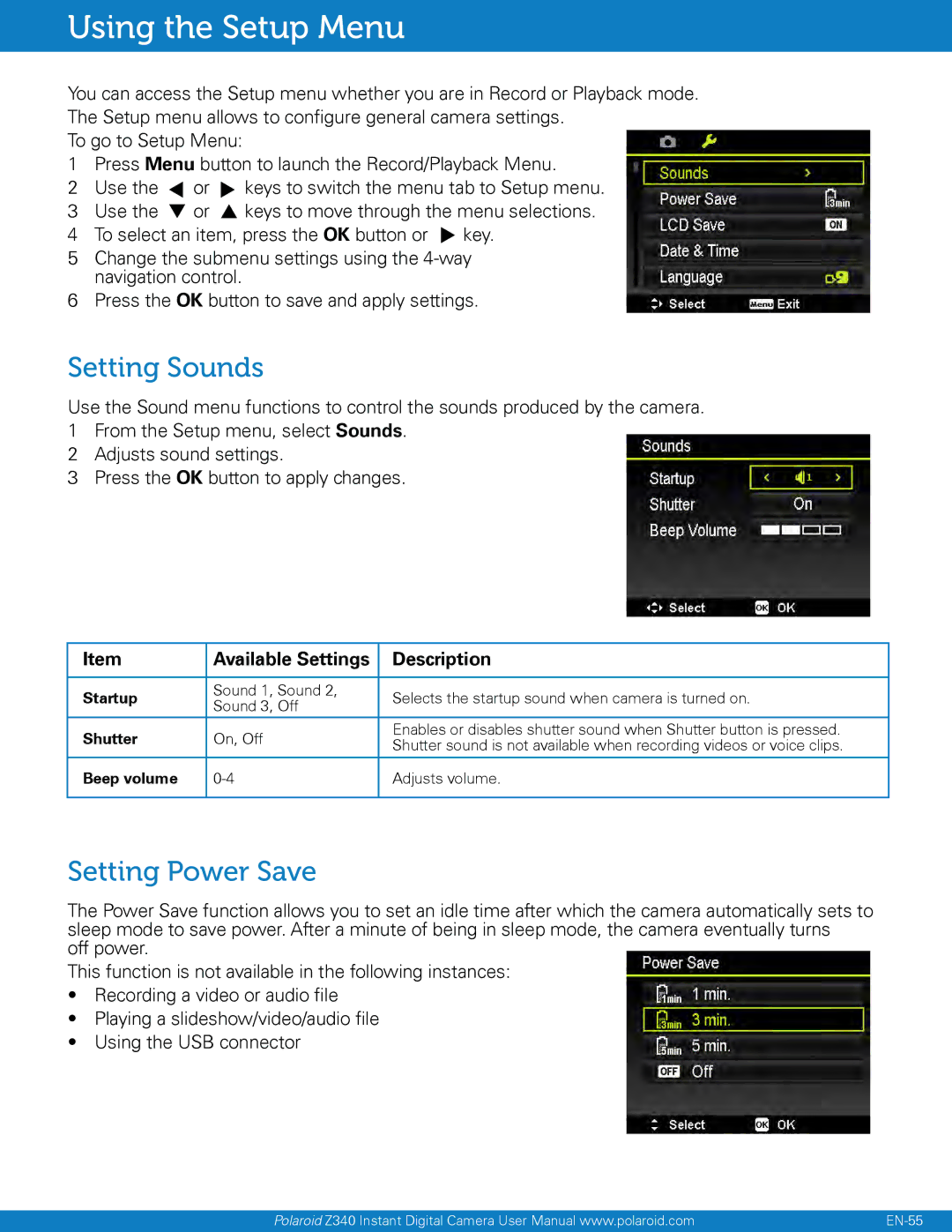 Polaroid Z340 user manual Using the Setup Menu, Setting Sounds, Setting Power Save, Available Settings Description 