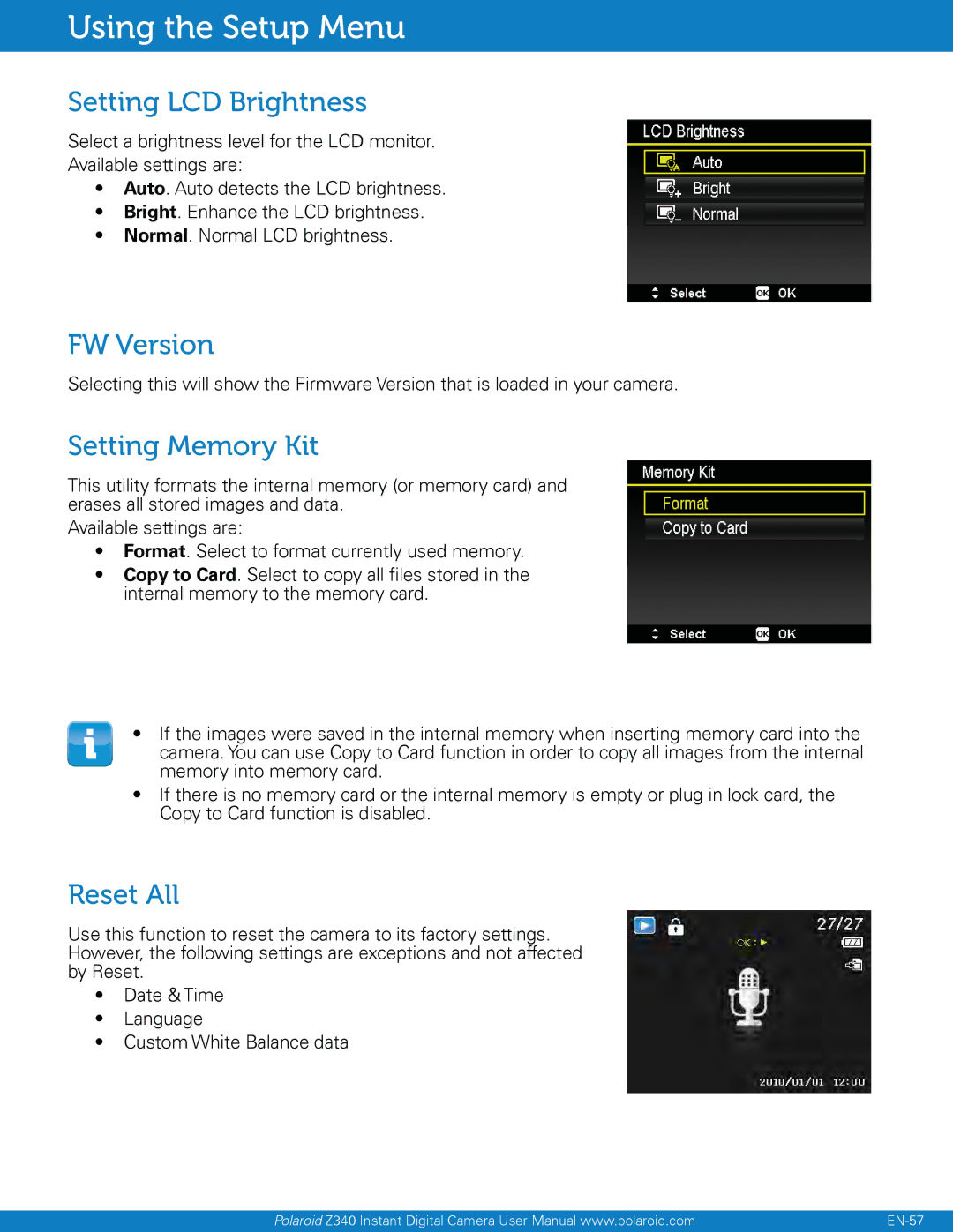 Polaroid Z340 user manual Setting LCD Brightness, FW Version, Setting Memory Kit, Reset All 