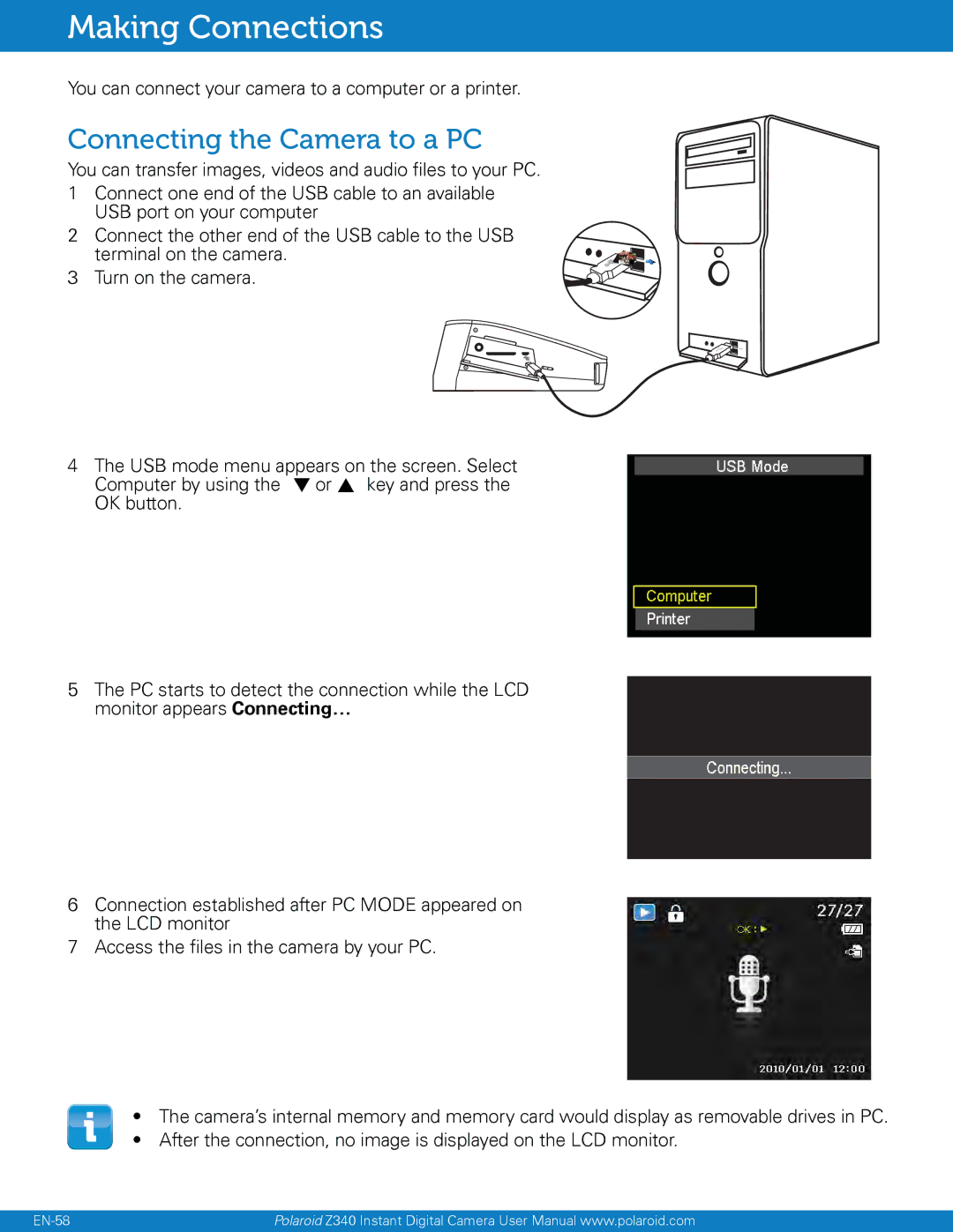 Polaroid Instant Digital Camera with Zero Ink Printing Technology, Z340 Making Connections, Connecting the Camera to a PC 