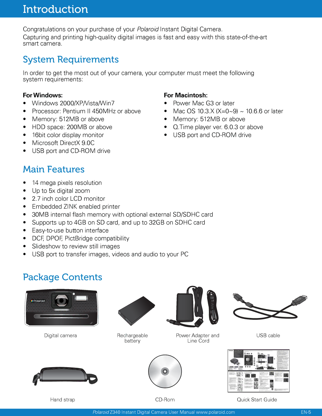 Polaroid Z340 user manual Introduction, System Requirements, Main Features, Package Contents 