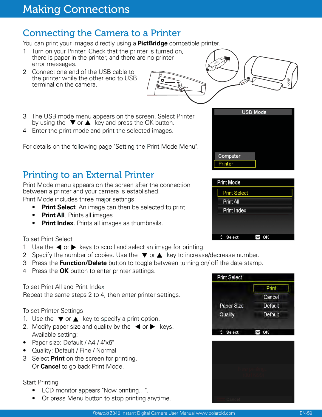 Polaroid Z340 user manual Connecting the Camera to a Printer, Printing to an External Printer 