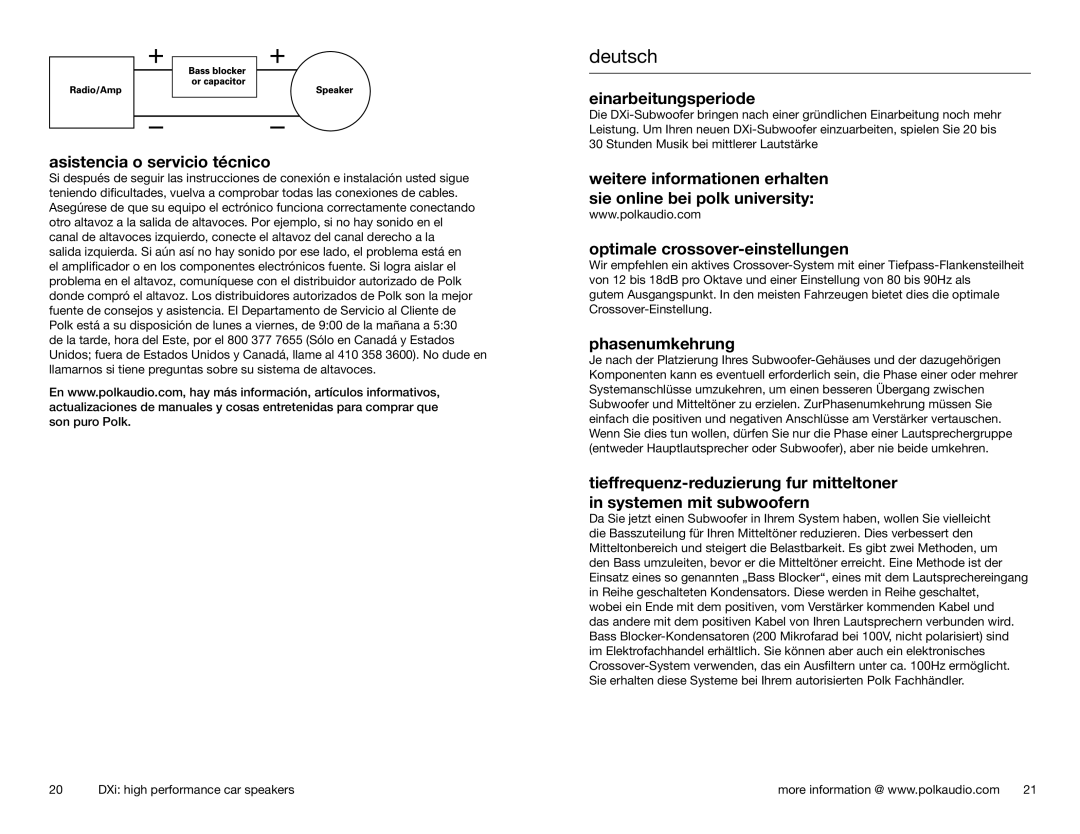 Polk Audio 1240DVC, 1201 owner manual Asistencia o servicio técnico, Einarbeitungsperiode, Phasenumkehrung 