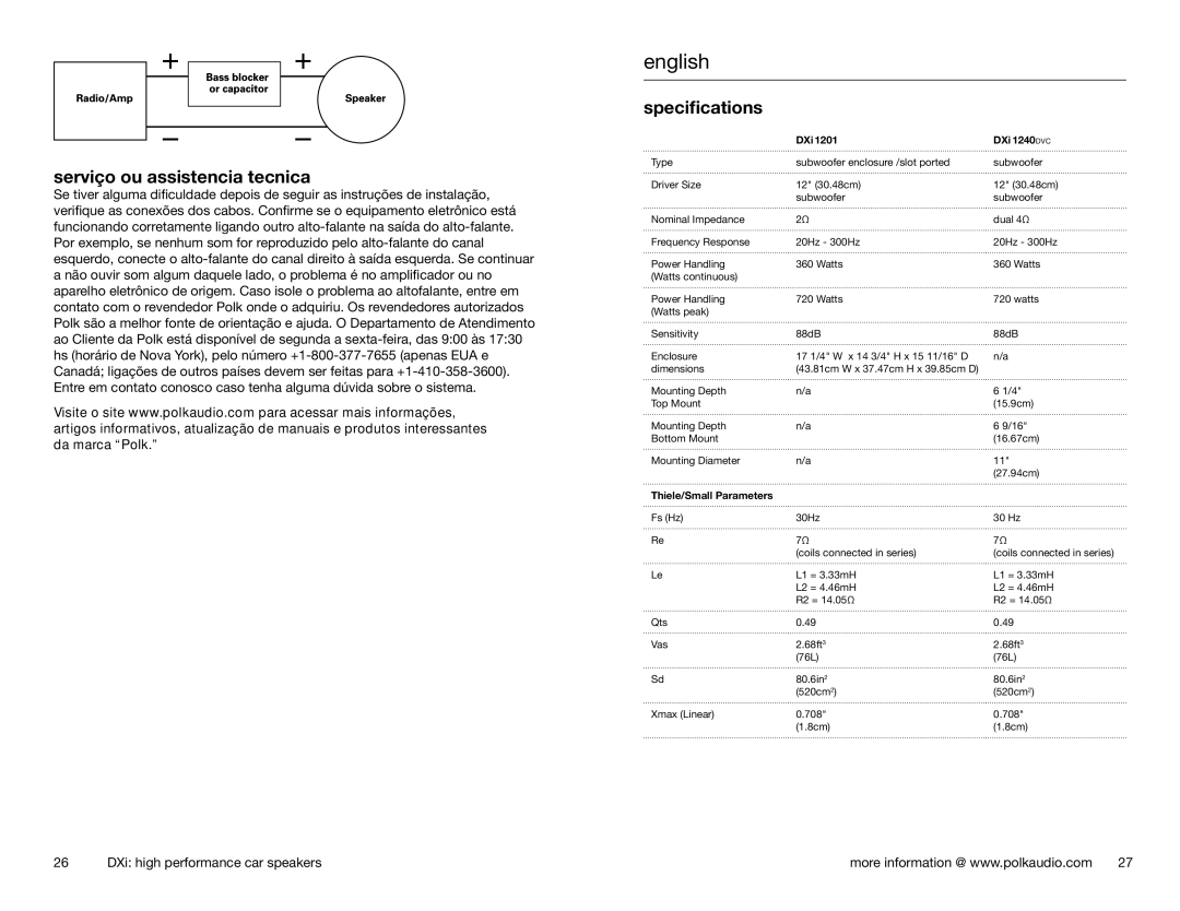 Polk Audio 1201, 1240DVC Serviço ou assistencia tecnica, Specifications, DXi DXi 1240 dvc, Thiele/Small Parameters 