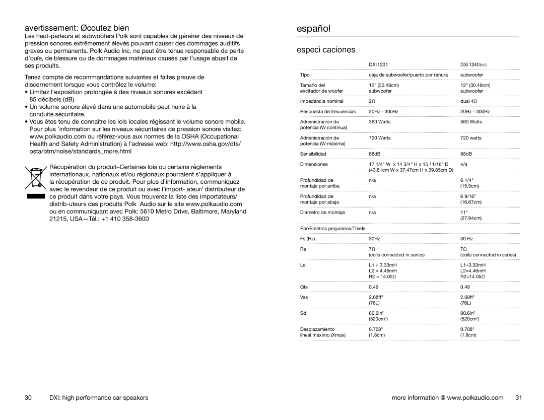 Polk Audio 1201, 1240DVC owner manual Avertissement écoutez bien, Especificaciones, Parámetros pequeños/Thiele 