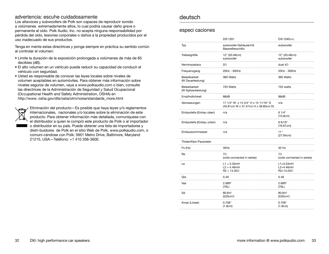 Polk Audio 1240DVC, 1201 owner manual Advertencia escuhe cuidadosamente, Thiele/Klein-Parameter 