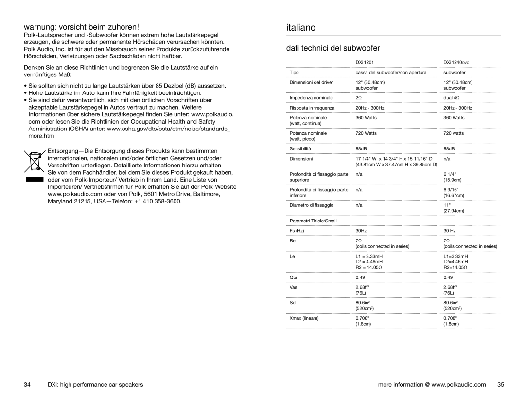 Polk Audio 1201, 1240DVC owner manual Warnung vorsicht beim zuhoren, Dati technici del subwoofer, Parametri Thiele/Small 