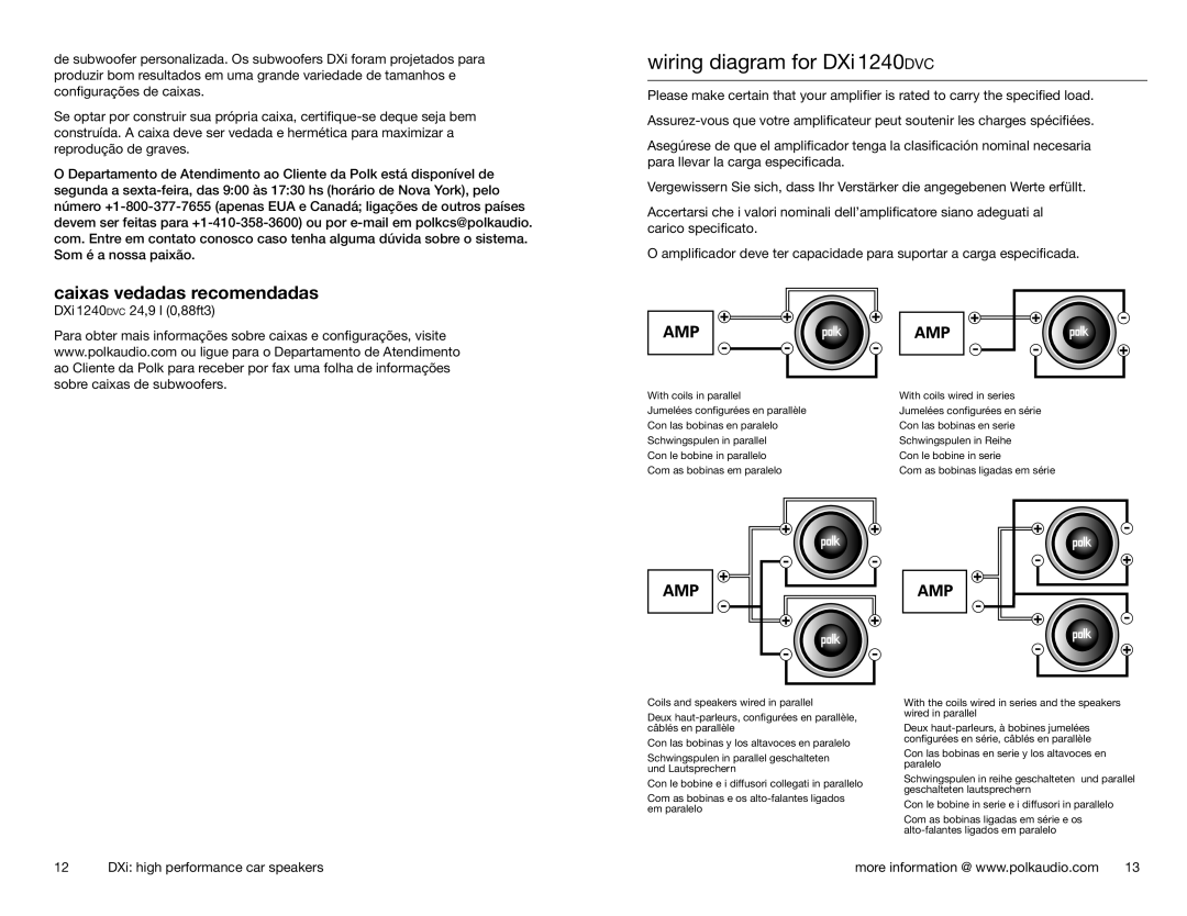 Polk Audio 1240DVC, 1201 owner manual Wiring diagram for DXi 1240dvc, Caixas vedadas recomendadas 