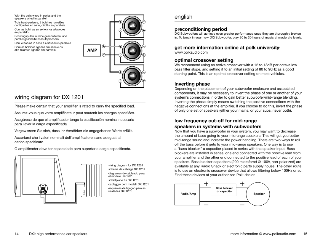 Polk Audio 1201 wiring diagram for DXi, preconditioning period, get more information online at polk university, english 