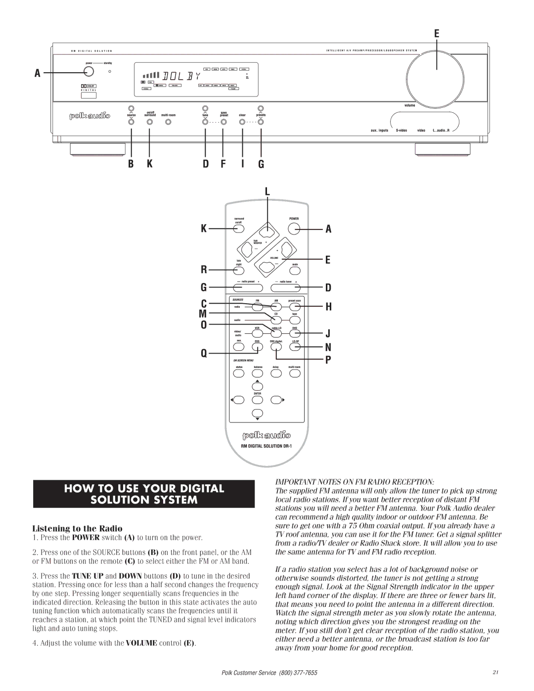 Polk Audio 2 instruction manual HOW to USE Your Digital Solution System, Listening to the Radio 