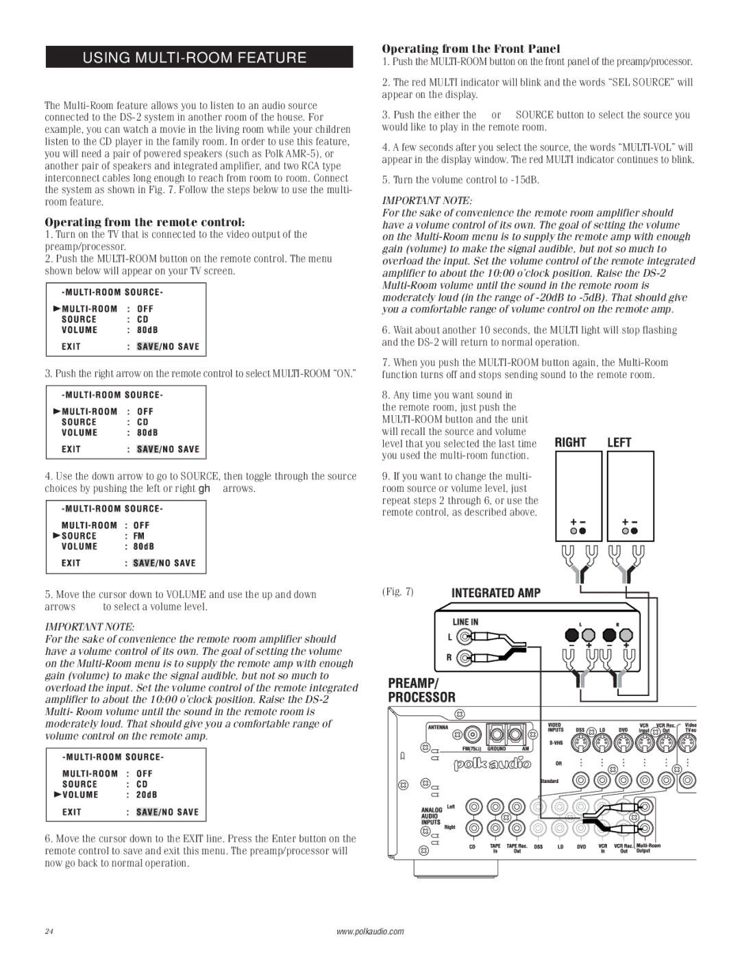 Polk Audio 2 instruction manual Using MULTI-ROOM Feature, Operating from the remote control, Operating from the Front Panel 