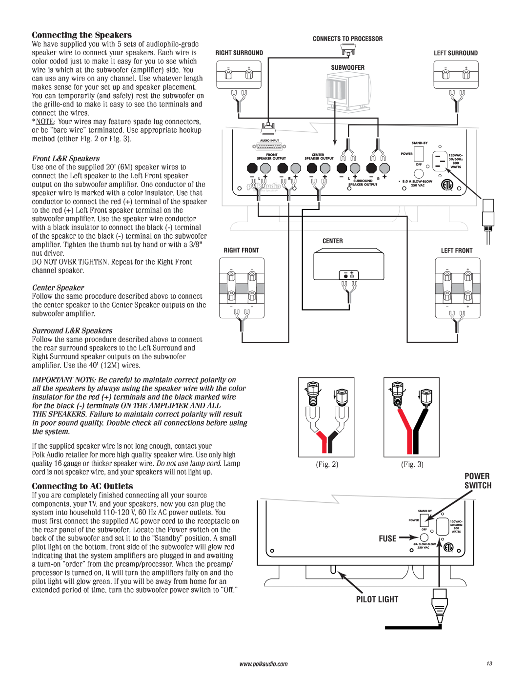 Polk Audio 2 Connecting the Speakers, Connecting to AC Outlets, Front L&R Speakers, Center Speaker, Surround L&R Speakers 