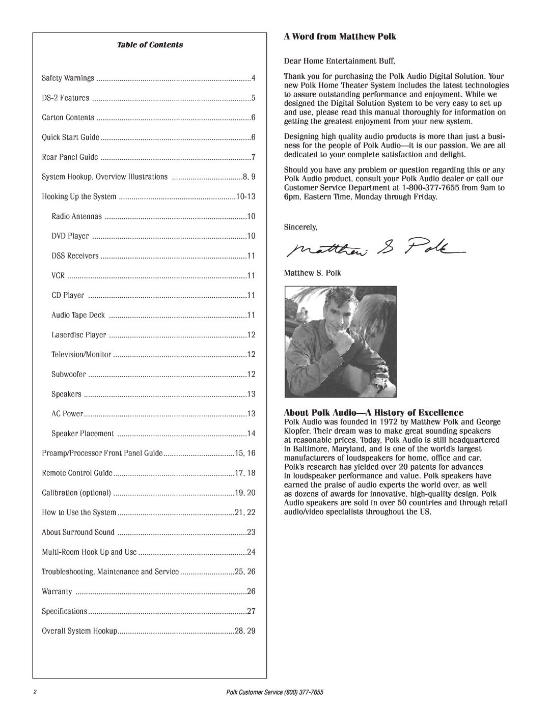 Polk Audio 2 instruction manual A Word from Matthew Polk, About Polk Audio-AHistory of Excellence, Table of Contents 