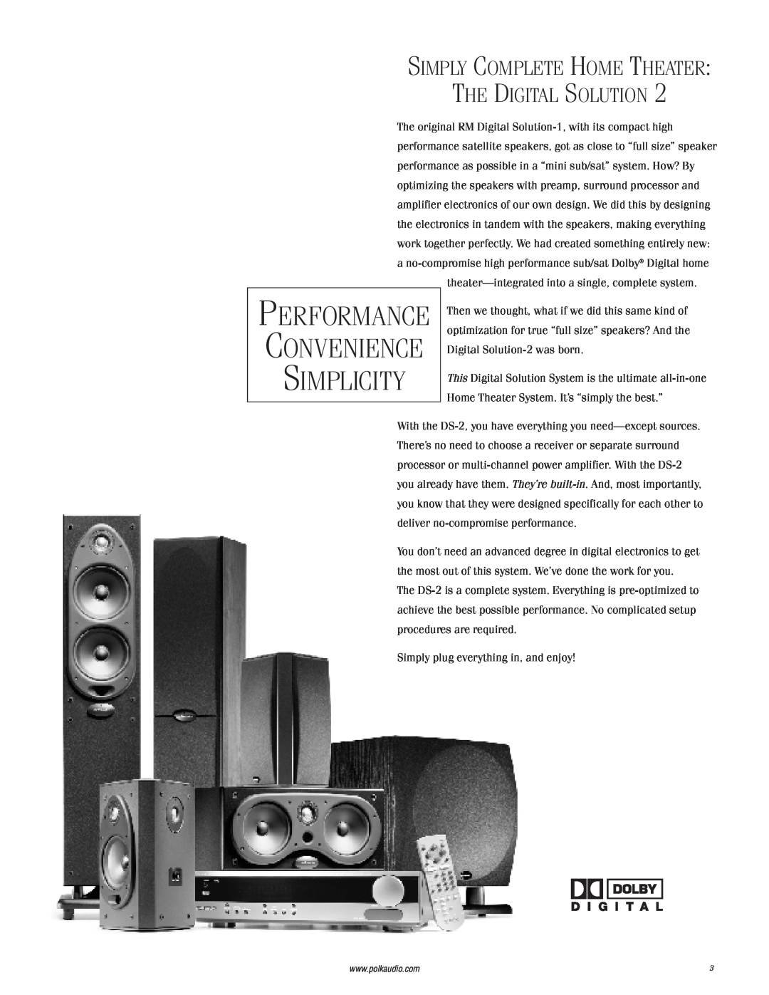 Polk Audio 2 instruction manual Simply Complete Home Theater The Digital Solution, Simplicity, Performance Convenience 
